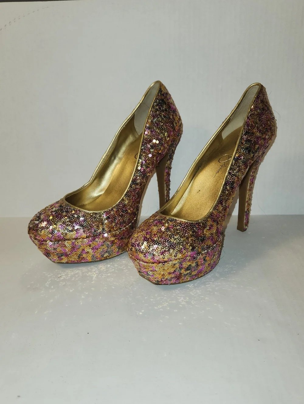 Jessica Simpson Devin 2 Pink Rose Gold Sequin Platform High Heel Pumps 8 EUC